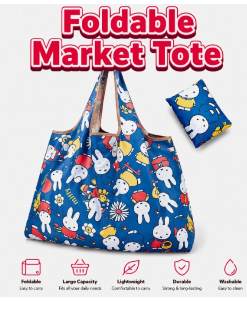 （Set of 2) Miffy Style Tote Blue Flower Rabbit 2-Way LARGE Market Foldable Bag - Picture 2 of 3